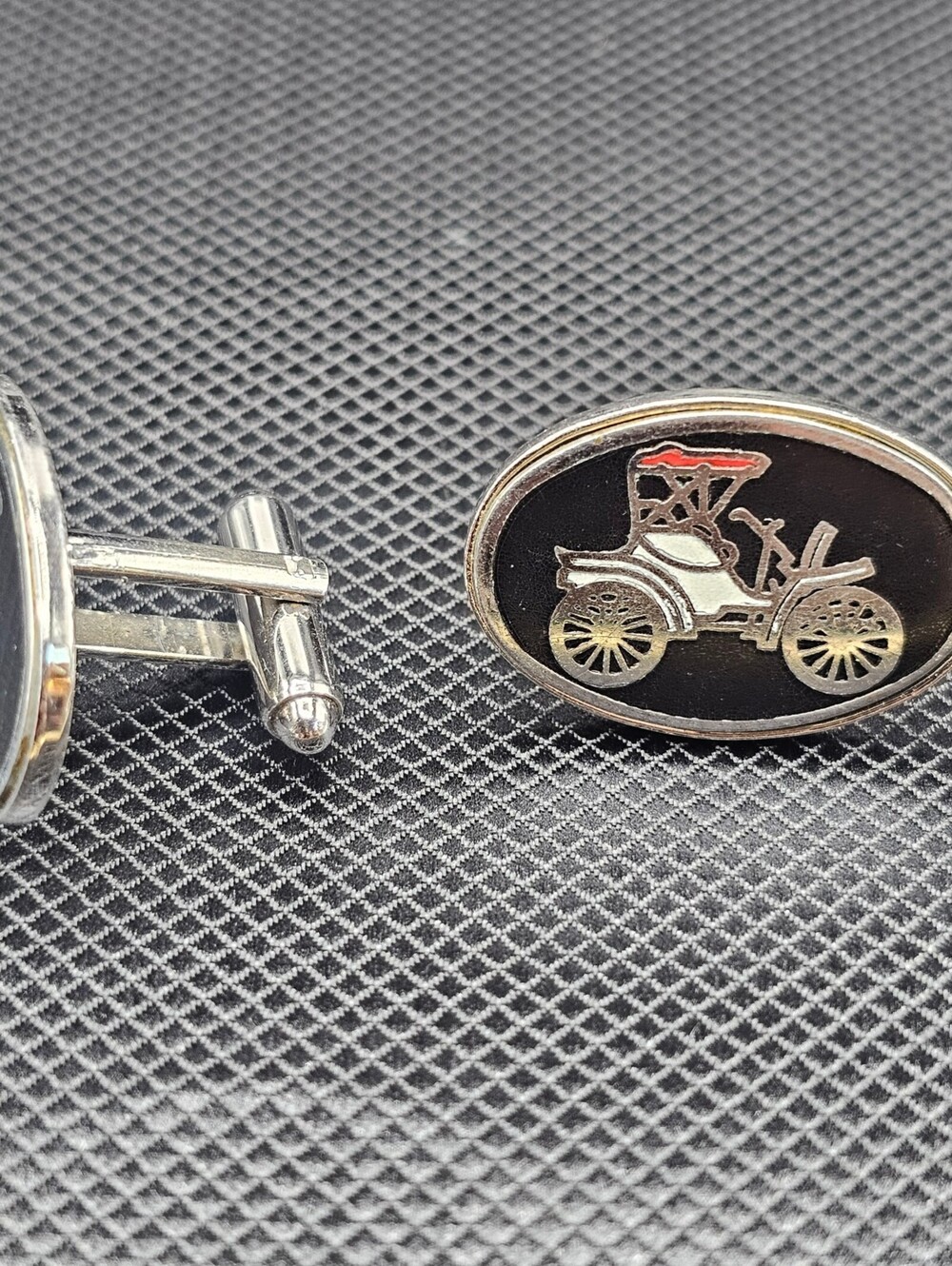 Vintage Style Car Design Silver Tone Cufflinks with Black Enamel